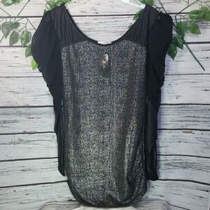 NWT silver glitter sheer puffy shoulder blouse top